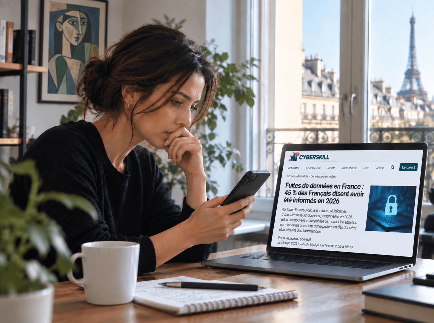 Femme consultant une actualité sur une fuite de données personnelles en France