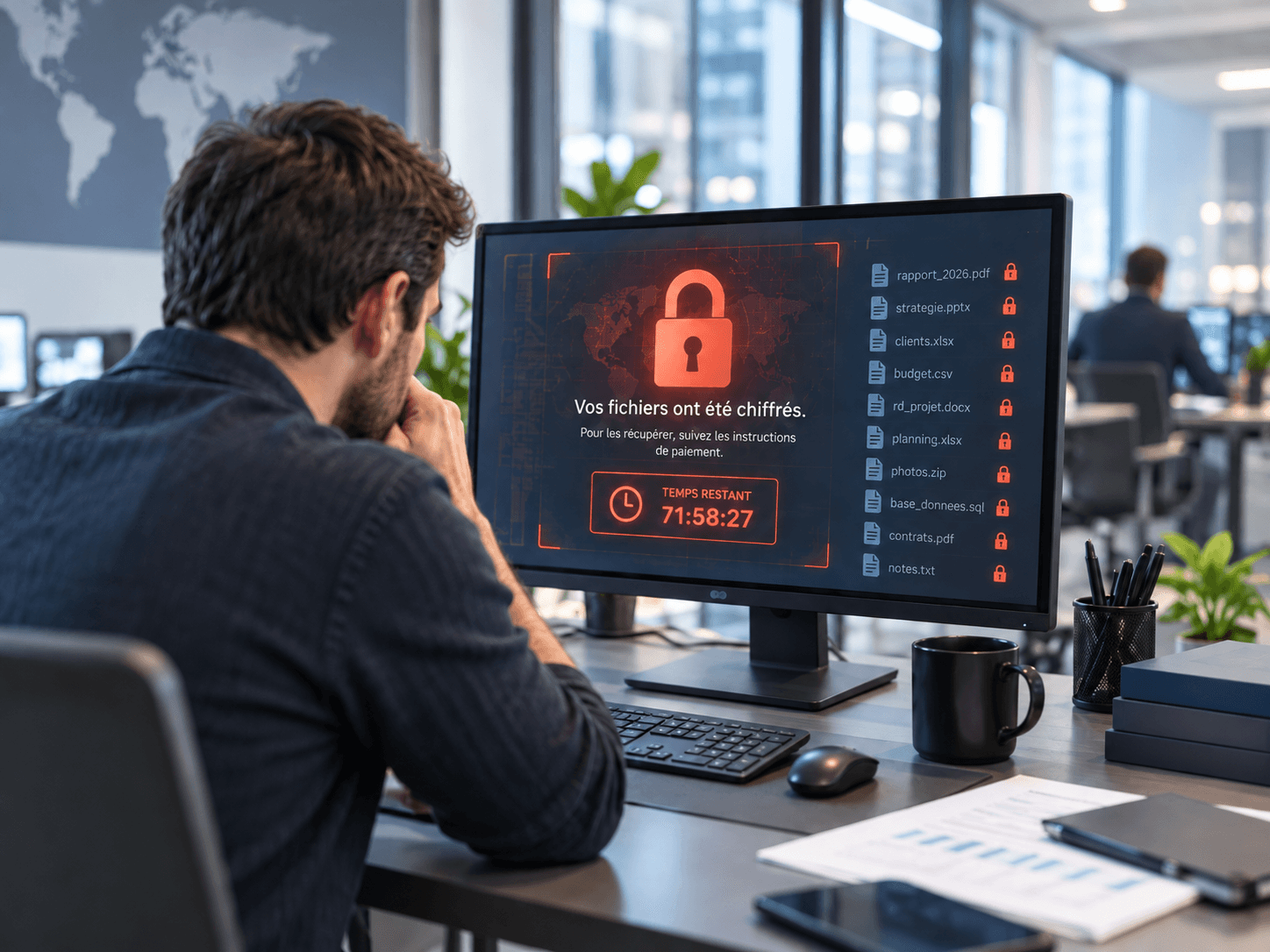 Attaque par ransomware avec fichiers chiffrés sur un poste informatique
