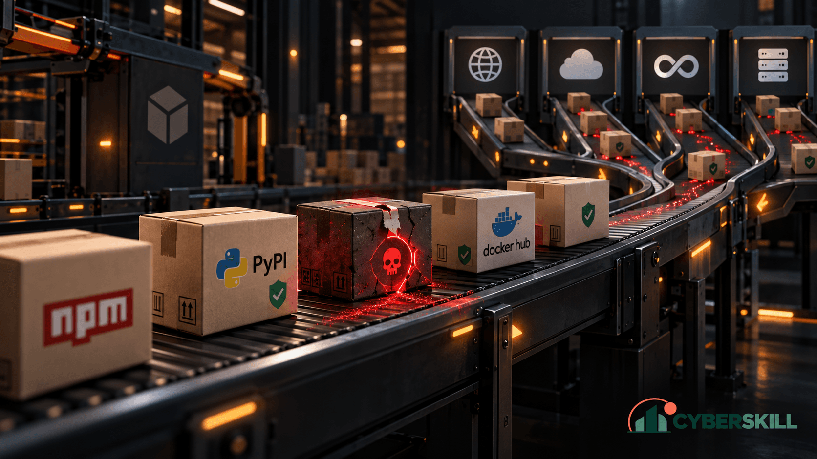 Colis aux couleurs de npm, PyPI et Docker Hub sur un convoyeur, dont l'un est marqué comme malveillant